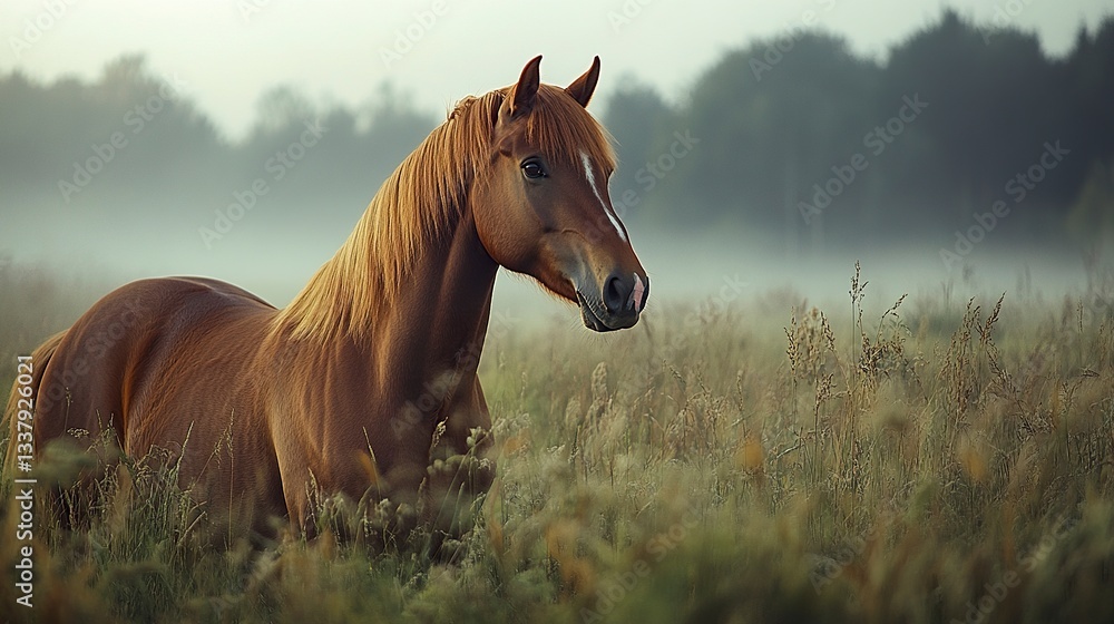 Fototapeta premium A captivating image of a bay horse in a misty morning field, its mane gently tousled by the wind, the cool light enhancing the depth of its gaze,