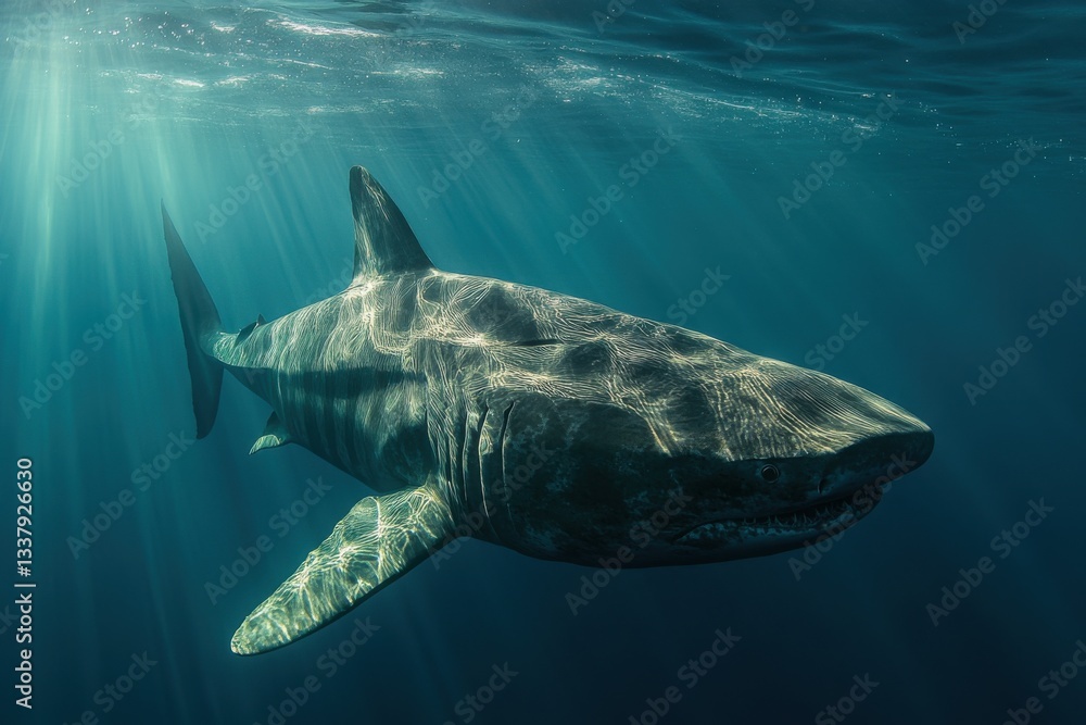 Fototapeta premium Majestic Shark Swimming Underwater in Clear Blue Ocean Waters