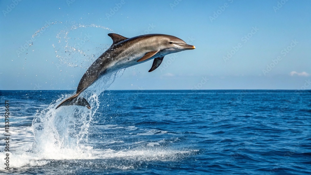Fototapeta premium Playful dolphin leaps from the ocean, water droplets sparkling in sunlight, playful dolphin leaping out of the ocean, Stunning high-resolution action shot of a dolphin leaping gracefully out of the oc