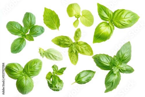Fresh green basil and mint leaves arranged in isolated on a PNG background