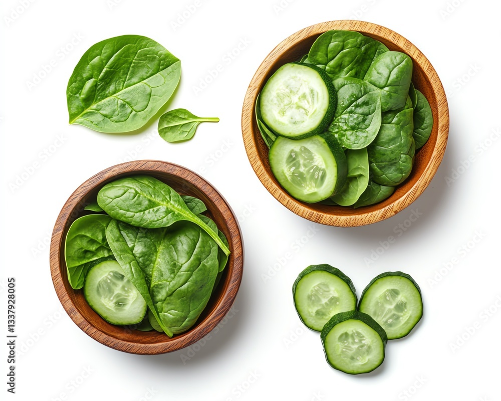 Obraz premium Fresh spinach leaves and cucumber slices presented in wooden bowls offer a healthy isolated on a PNG background