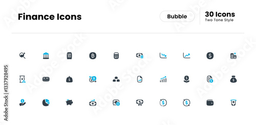 Finance Icon Set. Money, Investment, Profit, Savings, Expense, Income, Debt, Credit, Loan, Tax, Asset, Equity, Wealth, Balance, Payment. Vector Two Tone Icon Illustration