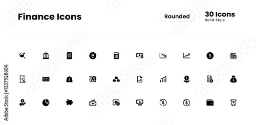 Finance Icon Set. Money, Investment, Profit, Savings, Expense, Income, Debt, Credit, Loan, Tax, Asset, Equity, Wealth, Balance, Payment. Vector Solid Icon Illustration