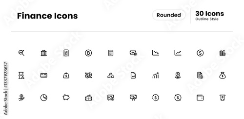 Finance Icon Set. Money, Investment, Profit, Savings, Expense, Income, Debt, Credit, Loan, Tax, Asset, Equity, Wealth, Balance, Payment. Vector Outline Icon Illustration