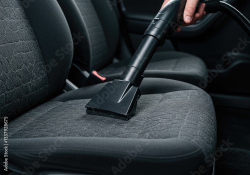 Hand vacuuming black car floor, highlighting carpet texture, cleanliness, and modern interior details.