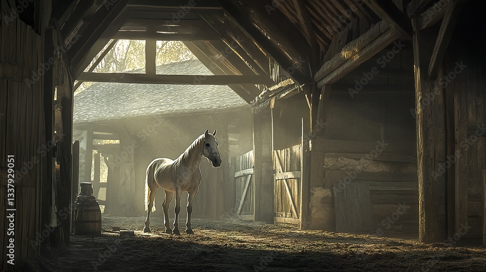 Obraz premium A charming countryside moment as a horse stands in its stall, framed by rustic wooden beams, the soft stable lighting adding depth and warmth to the image, cinematic mid-range shot 