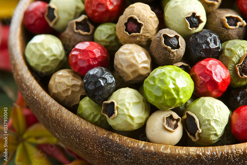 Colorful peppercorns in wooden bowl, close-up of spices