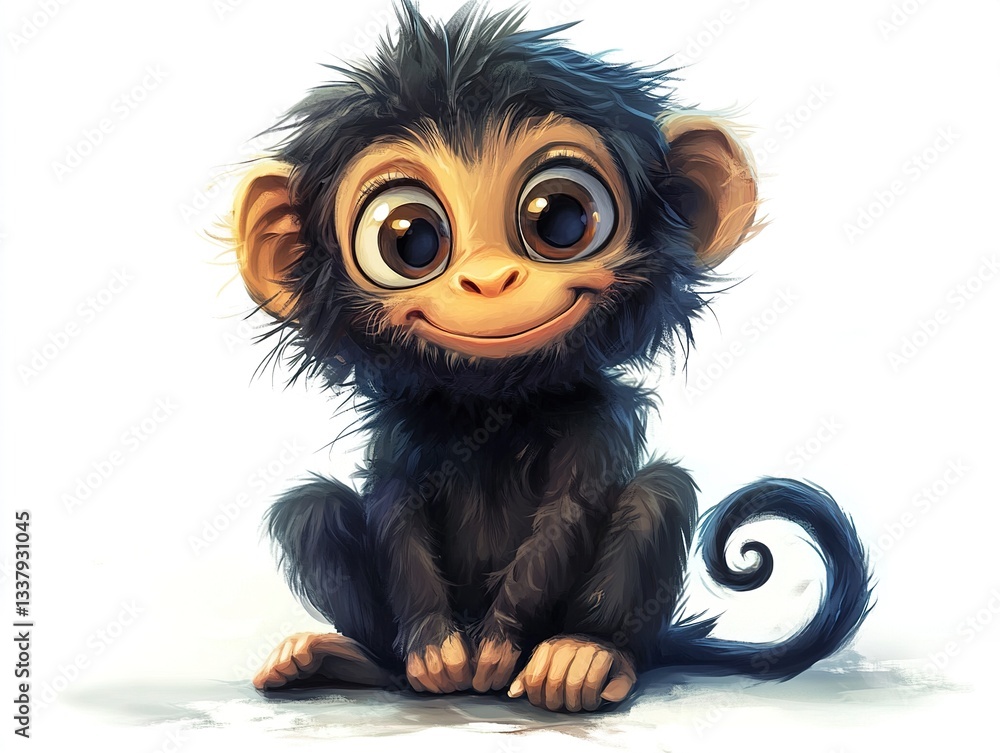 Obraz premium A charming illustration of a cute monkey with big round eyes and a curly tail, sitting happily with a playful smile, isolated on a white background. 