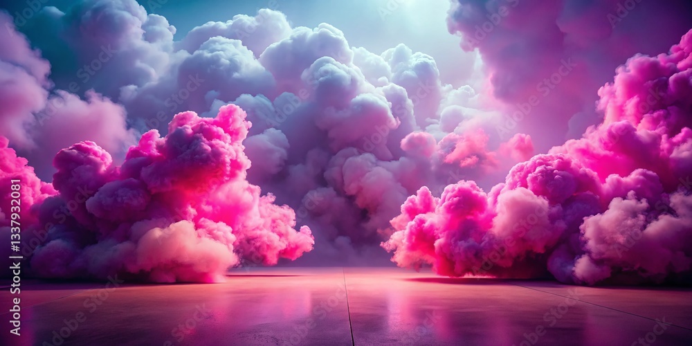 Fototapeta premium Vintage Style Photo: Dreamy Pink & Magenta 3D Clouds on Floor, Creative Background