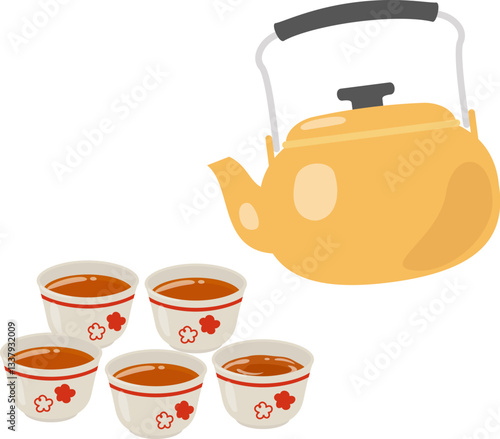 たくさんの湯呑に注いだお茶とやかん