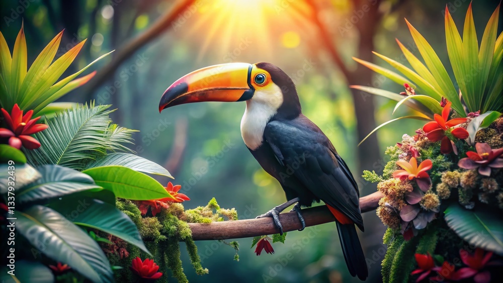 Fototapeta premium Vintage Style Photo: Vibrant Toucan in Lush Tropical Jungle
