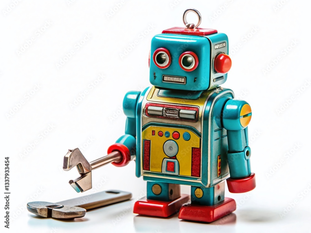 Fototapeta premium Vintage Tin Robot Toy with Key on White Background - Retro Style Food Photography