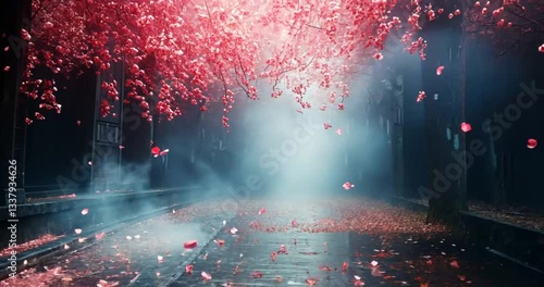 Pink petals falling alleyway, ethereal scene, background image