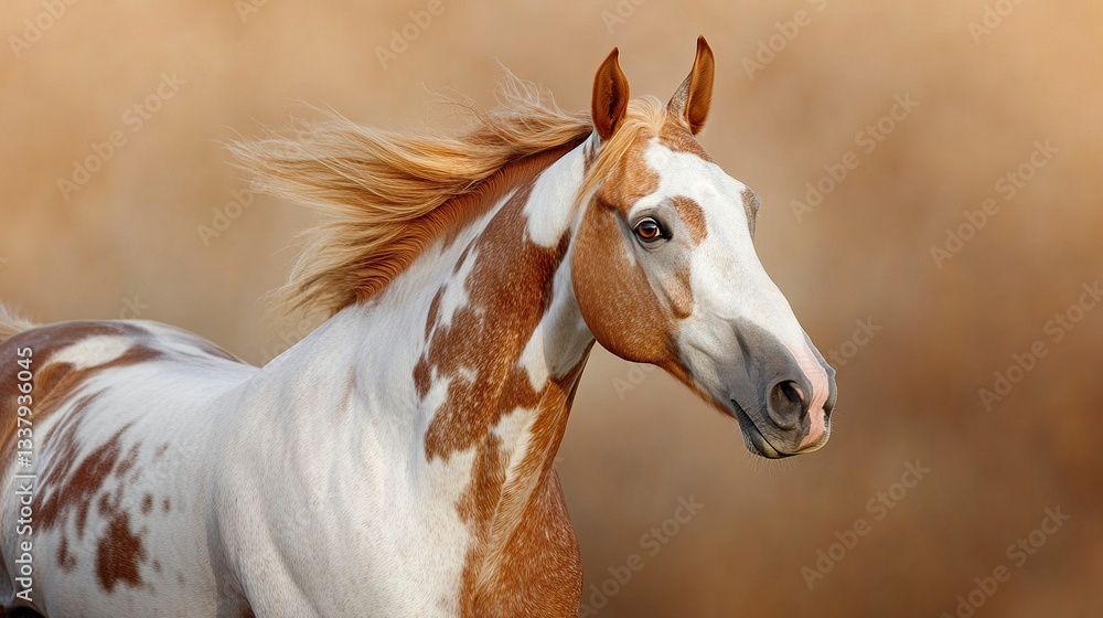 Fototapeta premium A close-up of a red piebald horse mid-gallop, its expressive eyes focused and nostrils flared, the warm sunlight accentuating the contrast of its unique coat, telephoto shot.