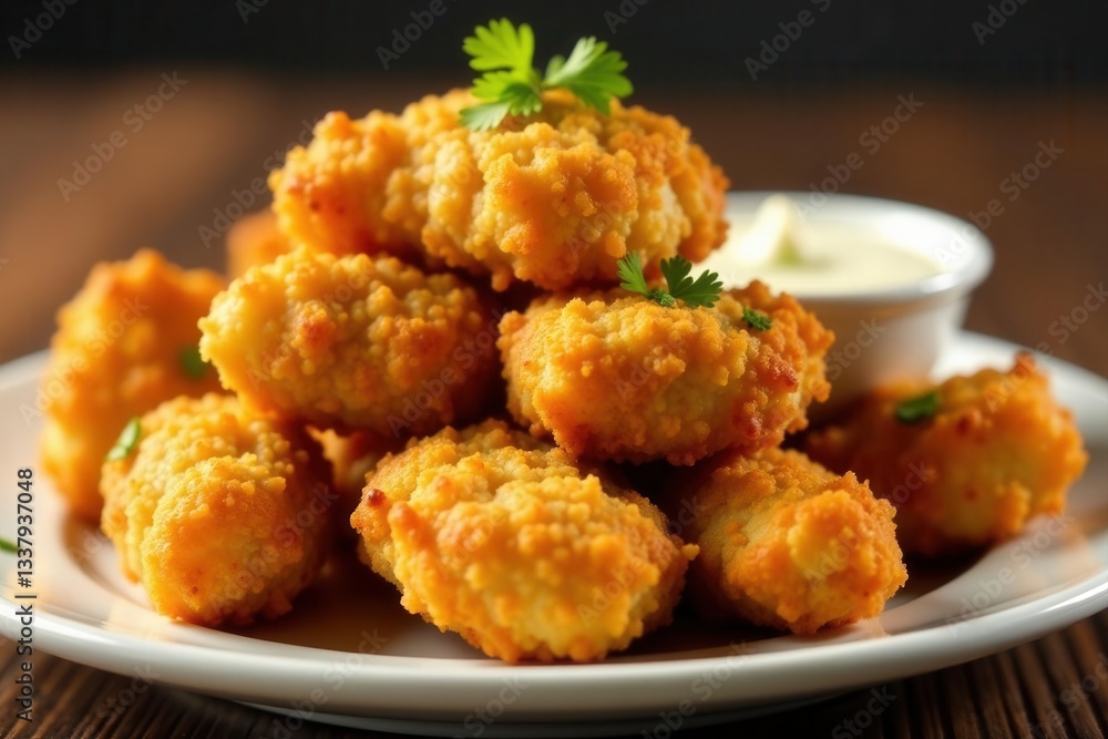 Golden brown chicken nuggets, crispy breading, close-up , fried, wheat Golden brown chicken nuggets, crispy breading, close-up , fried, wheat