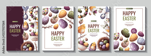 Happy Easter flyer set with decorated easter eggs, bird's nest, easter cake, chicks, wreath. Vector illustration for, banner, promo, sale, advertising.	