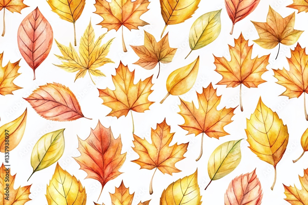 Watercolor Autumn Leaves Pattern, Fall Foliage Background, Botanical Illustration, White Background, Nature Design Watercolor Autumn Leaves Pattern, Fall Foliage Background, Botanical Illustration, White Background, Nature Design