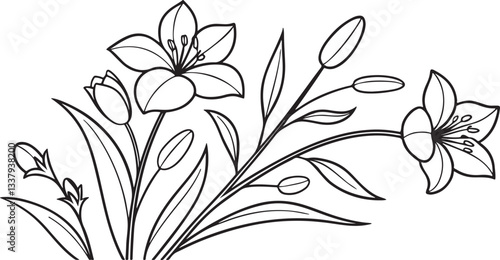 Black and white vector illustration of lily of the valley flowers in a decorative floral design