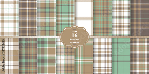 Modern Cream Bisque & Pale Ruby Seamless Tartan Textile Design Set of 16