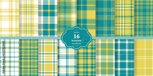 Charcoal Gray and Cream Bisque Seamless Tartan Textile Design Set of 16