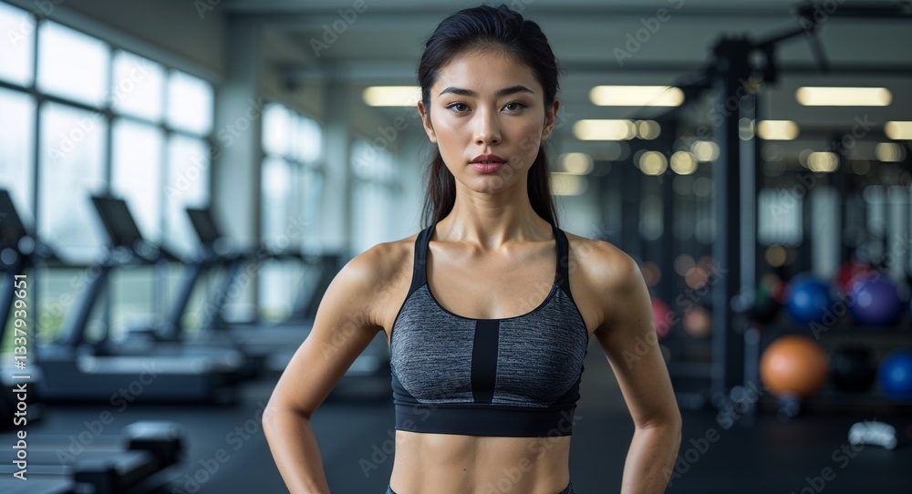 Fototapeta premium Asian middle age girl gym background close up athlete active sports wear photography posing model photoshoot
