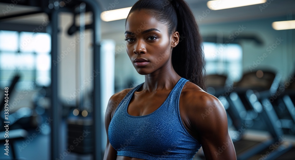 Fototapeta premium black African 20s age girl gym background close up athlete active sports wear photography posing model photoshoot