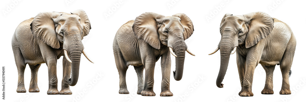 Fototapeta premium A Set of High-Angle Studio Shots of a Powerful African Elephant Standing Alone Isolated on Transparent Background