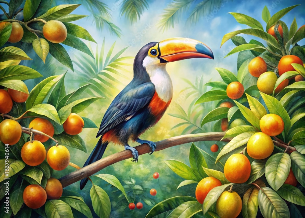Obraz premium Watercolor Toucan on Citrus Tree: Vibrant Tropical Bird Painting