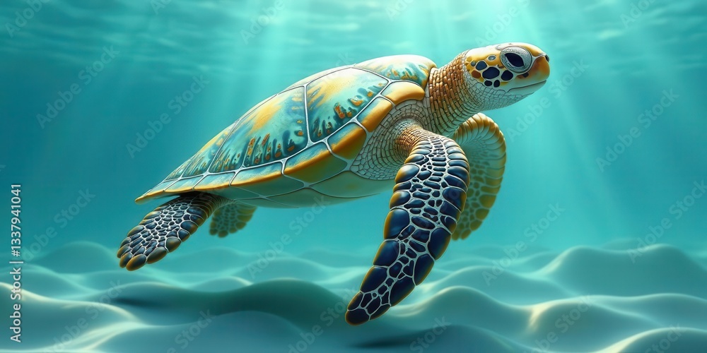 Fototapeta premium A Majestic Sea Turtle Gracefully Navigating the Ocean Depths, Its Shell a Kaleidoscope of Aquatic Hues