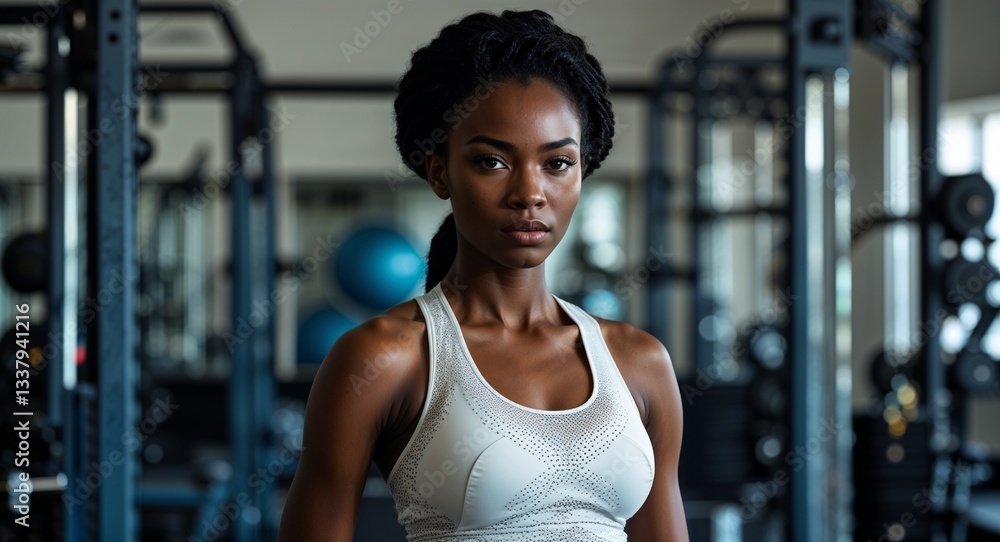 Fototapeta premium black African middle age girl gym background close up athlete active sports wear photography posing model photoshoot