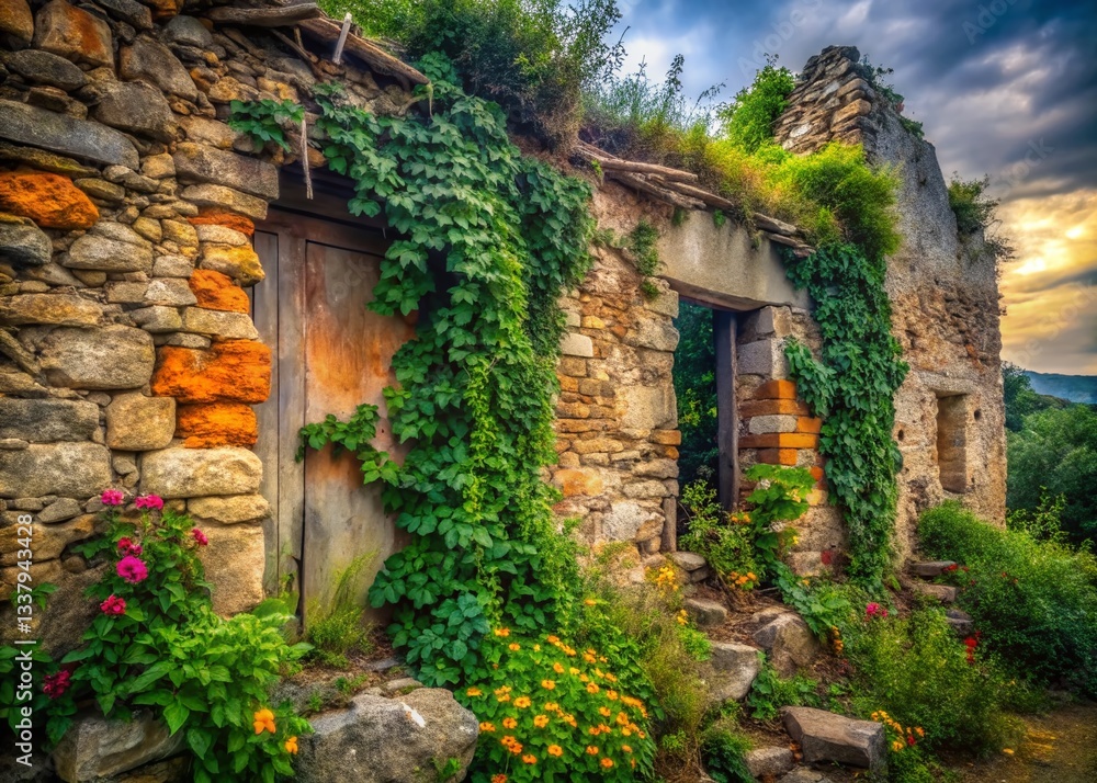 Weathered Stone Wall of Abandoned House, Rustic Landscape Photography Weathered Stone Wall of Abandoned House, Rustic Landscape Photography