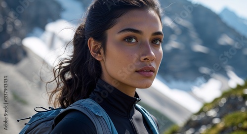 latin Hispanic 20s age girl hiking mountain background close up athlete active sports wear photography posing model photoshoot