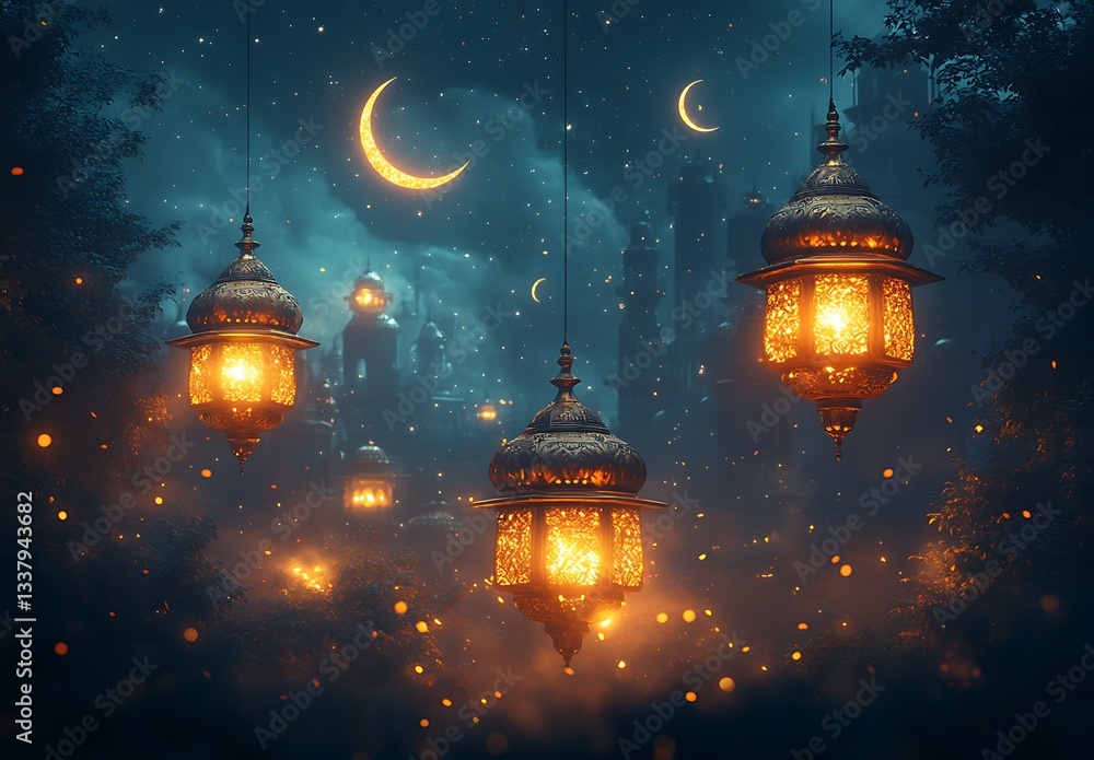 Ethereal Lanterns with Crescent Moons in a Magical Forest Ethereal Lanterns with Crescent Moons in a Magical Forest