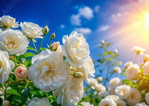 White Bush Roses Blooming Under a Summer Sky - Beautiful Floral Background