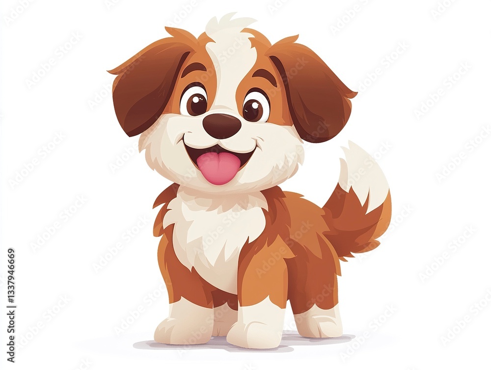 A cute puppy in vector illustration, standing with its tongue out and ears perked up, its friendly and lovable design crisp against a pure white backdrop. 