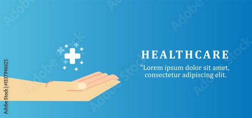 hand holding plus icon. Healthcare and medical science elegant background