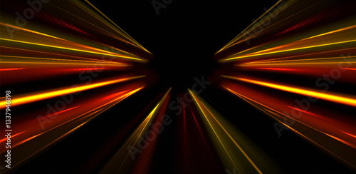 Speed perspective radial lines on black bg - bright orange glowing streaks shooting from center point. Dynamic motion trails with energy beams. Hyperspace jump visualization with racing light paths.