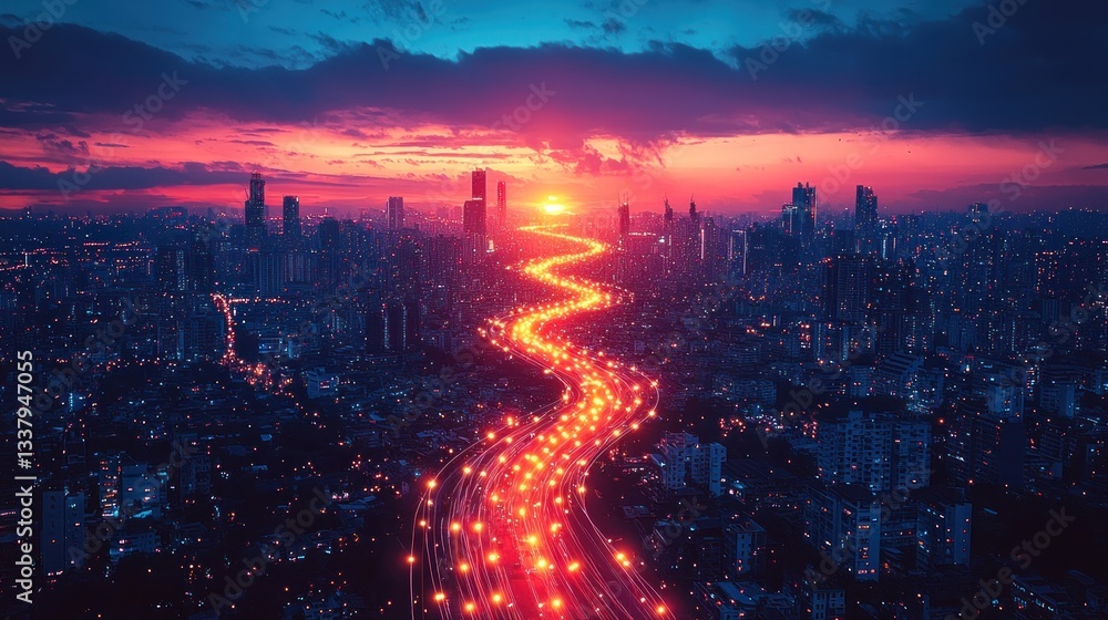 Aerial view of a city highway at sunset. Aerial view of a city highway at sunset.