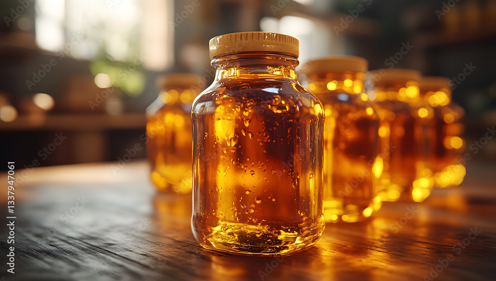 Amber Liquid in Glass Bottles on Wooden Table, Warm Golden Light Amber Liquid in Glass Bottles on Wooden Table, Warm Golden Light