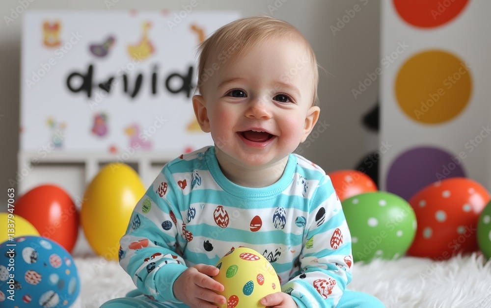 Obraz premium Baby joyfully sits on a rug surrounded by vibrant balls, celebrating Easter cheer.