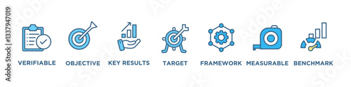 VOKTFMB banner web icon vector illustration concept with icon of verifiable, objective, key results, target, framework, measurable, benchmark, 