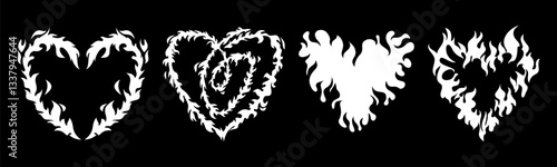Flame heart silhouettes - burning love symbols, passionate romantic shapes filled with fire patterns. Blazing affection signs, various flaming textures inside amorous tattoo design elements.