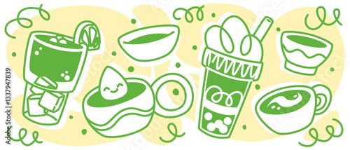 Matcha drinks illustration - green tea powder bowl, iced latte glass, hot beverage cups, doodle vector with cubes, straw, decorative elements for healthy Japanese tea, organic cafe menu, latte design.