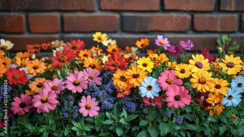 Wallpaper Mural Blossoms of Delight: A vibrant tapestry of colorful flowers blooms in full splendor against a rustic brick wall, creating a captivating scene of natural beauty and botanical abundance. Torontodigital.ca