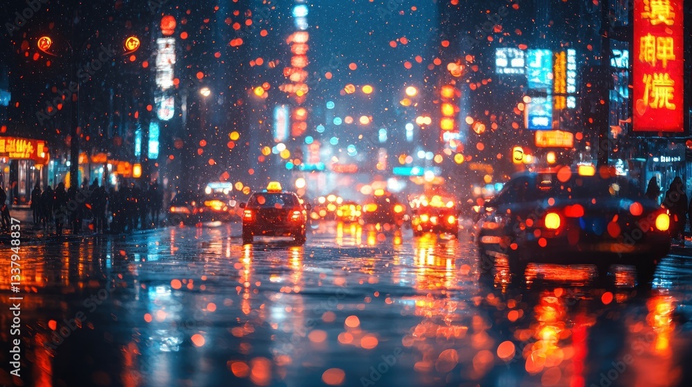 Fototapeta premium Snowy night city street, traffic, bokeh, reflections.