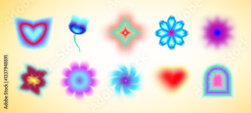 Shape blur effect with colorful y2k style elements - hearts, stars and flowers. Vector gradient mesh background of bright neon colors. Dreamy aesthetic overlays, trendy retro 90s graphic design.