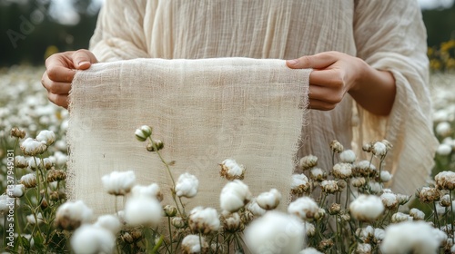 Woman holding natural beige fabric in cotton field.