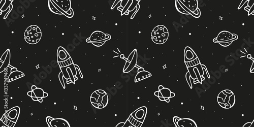 Seamless Pattern with Planet, Rocket, Stars, Comets, Satellite. Space Background in Doodle Hand Drawn Style for Wallpaper, Textile, Fabric, Boy. Print Night sky Hand Drawn Doodle Astronomy Background.