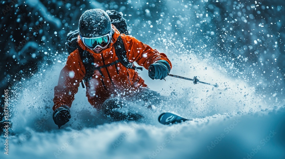 Fototapeta premium Skier carving through deep powder snow, dynamic action shot.