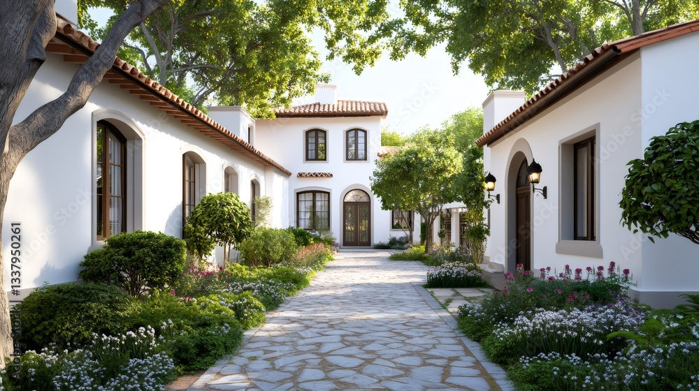 Mediterranean style resort showing stone paved path, white buildings and lush vegetation Mediterranean style resort showing stone paved path, white buildings and lush vegetation